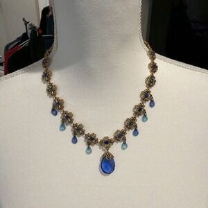 Vtg Y2K Avon Blue Collier Briolette Scroll Gold Tone Y Drop Necklace Art Deco